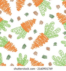 Seamless pattern with carrots on white background.  Vector design for fabric, textile, packaging, website. Flat style vector illustration.