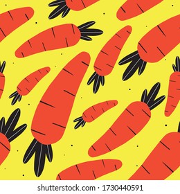 
seamless pattern with carrots on a yellow background with black dots