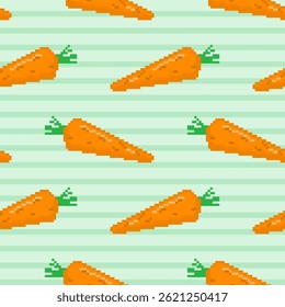 Seamless pattern of carrots in pixel style on a green background