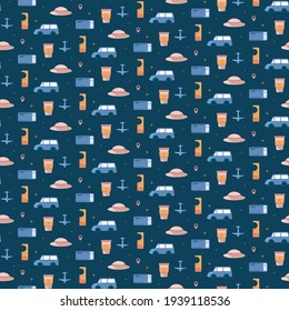 Seamless pattern with cars and airplanes. Texture with travel elements in flat style.