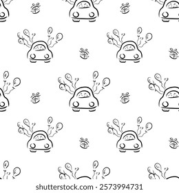 Seamless pattern with cars and balloons, doodle style pattern for children's room, holidays, weddings