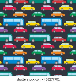 Seamless pattern with cars and buses on the road. Cute cartoon background with urban colorful transport. Green, blue buses. Red, yellow, green, purple, orange cars. Wrapping paper, wallpaper. Vector