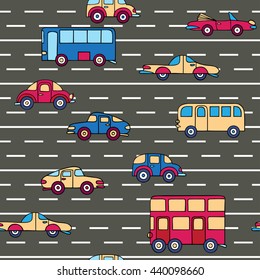 Seamless pattern with cars and buses on the highway. Urban transport hand-drawn in a cartoon style.