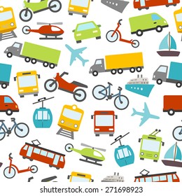 Seamless pattern with cars, buses, trams and others means of transport. Can be used as a wallpaper decoration or as a design for a printable card.