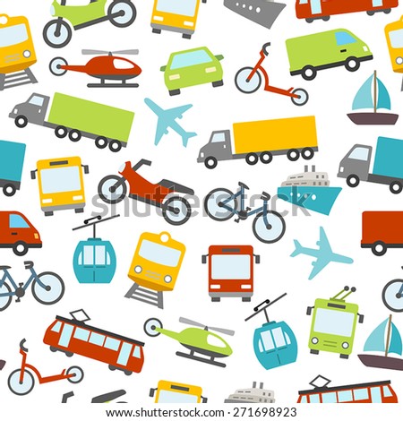 Seamless pattern with cars, buses, trams and others means of transport. Can be used as a wallpaper decoration or as a design for a printable card.