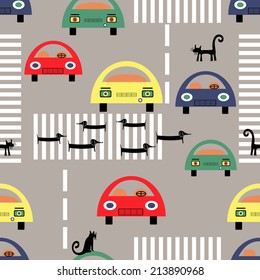 seamless pattern with cars, cats and dogs in retro colors. vector illustration. cute background for baby design.