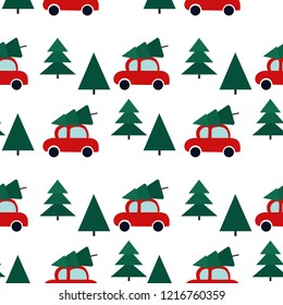 Seamless Pattern With Cars And Christmas Tree. Holiday Art Can Be Used For Postcard, Packing. Posters, Background.