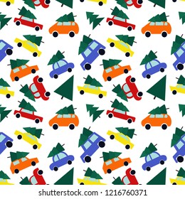 Seamless pattern with cars and christmas tree. Holiday art can be used for postcard, packing. posters, background.