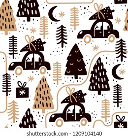 Seamless pattern with cars and christmas trees. Great for fabric, textile, wrapping paper. Vector Illustration