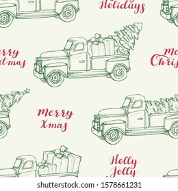 Seamless pattern with  cars, Christmas trees and greetings