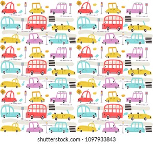 Seamless pattern with cars and city