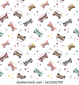 Seamless pattern with cars concept in the white backdrop. suitable for kids pattern, wallpaper,print,fabric, wrapping,apparel