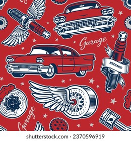 patrón sin complicaciones con coches y diferentes piezas automáticas en estilo vintage