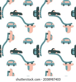 Patrón sin problemas con los coches conduciendo por la carretera. Ilustración vectorial dibujada a mano sobre un fondo blanco. Adecuado para guarderías, niños, para imprimir en tela, papel pintado, ropa de cama.