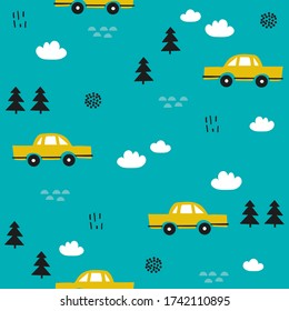 Seamless pattern with cars, fir trees, hand drawn overlapping backdrop. Colorful background vector. Illustration with automobiles. Decorative wallpaper, good for printing