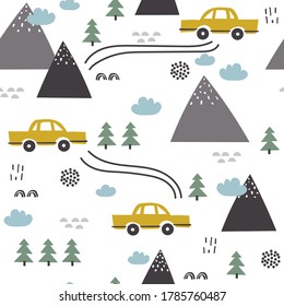 Seamless pattern with cars, fir trees, mountains, hand drawn overlapping backdrop. Colorful background vector. Illustration with automobiles. Decorative wallpaper, good for printing