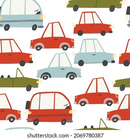 seamless pattern with cars in a flat style. cars of different sizes and shapes. vector illustration isolated on white background.