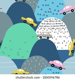 Seamless pattern with cars, hills, hand drawn overlapping backdrop. Colorful background vector. Illustration with automobiles. Decorative wallpaper, good for printing