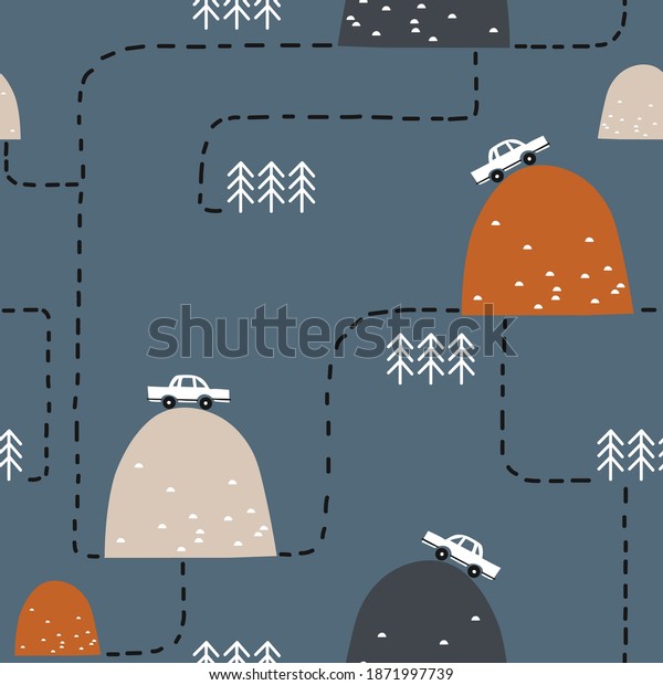 Seamless pattern\
with cars, hills, hand drawn overlapping backdrop. Colorful\
background vector. Illustration with automobiles, fir-trees.\
Decorative wallpaper, good for\
printing