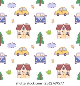 seamless pattern with cars and houses. 3D Illustration
