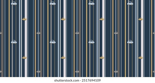 Seamless pattern with cars on a dark blue striped background. Flat hand drawn vector background for wrapping paper, children's merch, baby shower, fabric, textile. EPS10 vector illustration