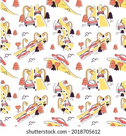 Seamless pattern of cars on different roads. The vector is made in a flat style. Coral car on the yellow road. Small trees - Christmas trees. Lanterns in the form of hearts. Illustration.