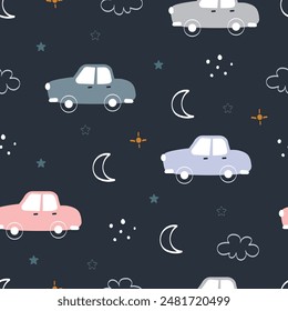 Seamless pattern with cars on navy background. Used for fabric, textile, wallpaper, wrapping, kids apparel design. Cartoon vector