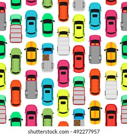 Seamless pattern with cars on parking. Endless texture with different kinds of automobiles. Wallpaper design transport vehicles. Parking lot or car park. Large number of cars in crowded parking vector