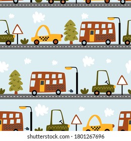 patrón transparente con coches en la carretera - ilustración vectorial, eps