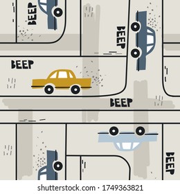 Seamless pattern with cars, roads, hand drawn overlapping backdrop. Colorful background vector. Illustration with automobiles. Decorative wallpaper, good for printing