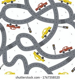 Seamless pattern with cars, roads, hand drawn overlapping backdrop. Colorful background vector. Illustration with automobiles. Decorative wallpaper, good for printing