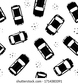 Seamless pattern with cars silhouette. Top view on cars driving on the road. Perfect for driving courses, wrapping or web design. Flat vector Illustration.
