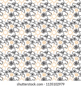  Seamless pattern with cars, sun, flowers.     Background for children's wear and children's notebooks