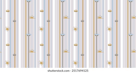 Seamless pattern with cars and suns on a striped background. Flat hand drawn vector background for wrapping paper, children's merch, baby shower, fabric, textile. Pastel colors. EPS10