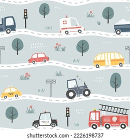 Seamless pattern with cars and traffic signs. Children's City map with roads and transport. Can be used for nursery room, textile, wallpaper, packaging, clothing.