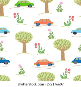 Seamless pattern with cars and trees.