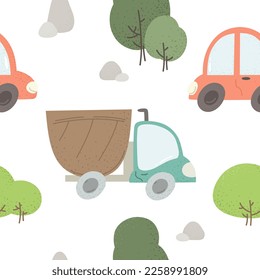 Seamless pattern with cars and trees, children's print for print, fabric, wrapping paper. Vector pattern.