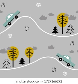 Seamless pattern with cars, trees, fir trees, hand drawn overlapping backdrop. Colorful background vector. Illustration with automobiles. Decorative wallpaper, good for printing