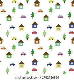 Seamless pattern with cars, trees and houses. Multicolored seamless patterns for creating wrapping paper, wallpaper, boxes, baby clothes, curtains. Vector illustration