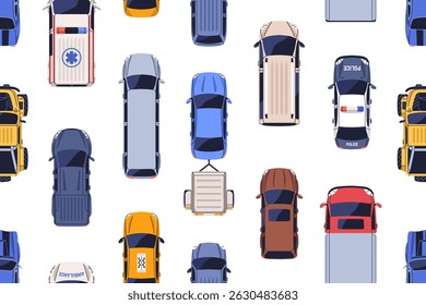 Seamless pattern with cars, trucks from above, top down view. Auto vehicles, road transport from overhead, endless background, repeating print for textile, wrapping design. Flat vector illustration