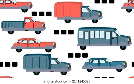 Seamless pattern with  cars,  trucks and  buses in cartoon.Background and texture with transport for printing on fabrics and paper.Vector isolated illustration for design cards,posters,cover.