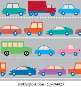 Seamless pattern with cars and trucks on the road