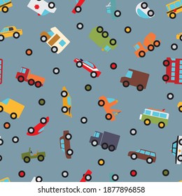 Seamless pattern with cars and trucks simple illustrations. Nursery room vector wallpaper.