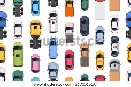 Seamless pattern with cars and trucks top view. Road vehicles, transport seen from above. Repeating background, endless print for textile, fabric or packaging. Vector illustration.