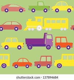 Seamless pattern with cars, trucks and train