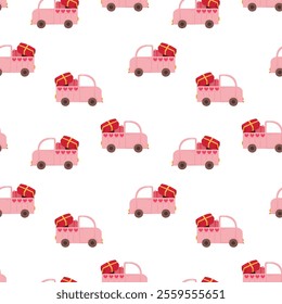 Seamless pattern of cars, the trunk of which is filled with gifts. The cars have hearts on them. Cars with gifts for Valentine's Day, New Year, Christmas