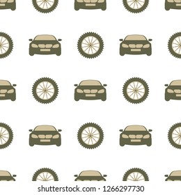 Seamless pattern with cars and wheels. Automotive background. Transport backdrop.