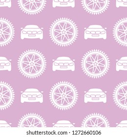 Seamless pattern with cars and wheels. Automotive background. Transport backdrop.