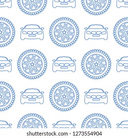 Seamless pattern with cars and wheels. Automotive background. Transport backdrop.