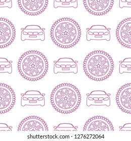 Seamless pattern with cars and wheels. Automotive background. Transport backdrop.